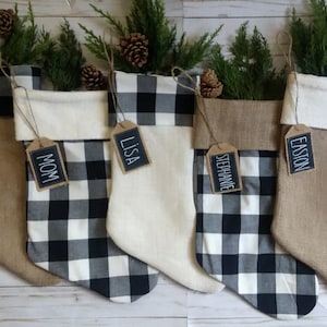 Farmhouse Plaid Christmas Stockings, Personalized, Black and White Buffalo Check