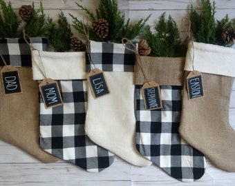 Farmhouse Plaid Christmas Stockings, Personalized, Black and White Buffalo Check