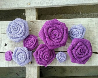 2" Burlap Rosette Sets in Purple and Lavender, for Rustic, Shabby Chic, Country Weddings or Home Decor and DIY Crafts