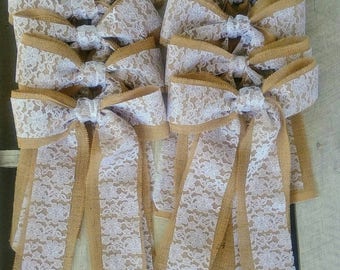Burlap Lace Bows, Rustic Wedding Chair Decor, Country Barn Reception Accents
