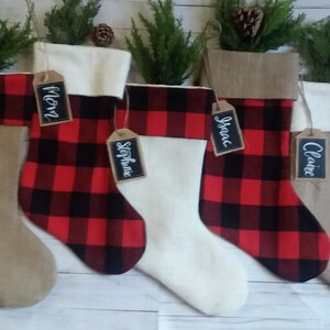 Farmhouse Plaid and Burlap Christmas Stockings, Personalized, Red and Black Buffalo Check image 2