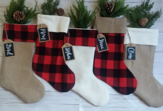 Personalized Mom Christmas Stockings (20 inch) Custom Mom Embroidered Name  Fleece & Linen Burlap Red Rustic Farmhouse Fireplace Hanging Ornament for