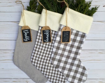 Farmhouse Burlap and Neutral Plaid Christmas Stocking, Personalized, Mix and Match Family Set