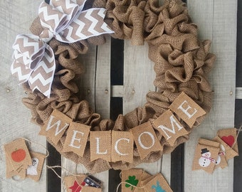 Interchangeable Welcome Burlap Wreath, Christmas gift for Her, Wedding , Shower, or Birthday Gift