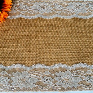 Burlap Table Runner with Ivory Lace, Rustic Wedding Decor, 12" Wide image 4