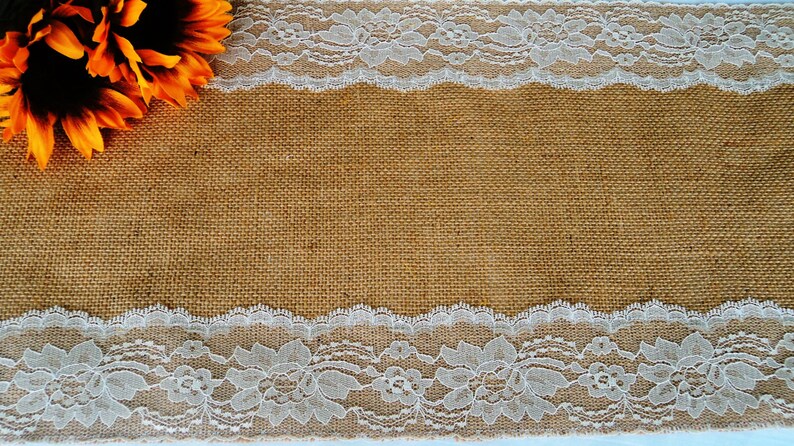 Burlap Table Runner with Ivory Lace, Rustic Wedding Decor, 12" Wide image 4