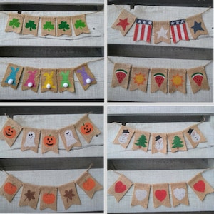 Interchangeable Holidays Mini Burlap Banner Set, Reversible, Tiered Tray and Wreath Decor, Unique Gift for Her,