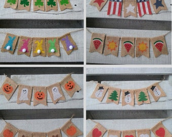 Reversible Holiday Seasonal Mini Burlap Banner Set, Tiered Tray, Wreath Decor