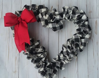 Plaid Burlap Heart Wreath, Farmhouse Style Valentine Decor