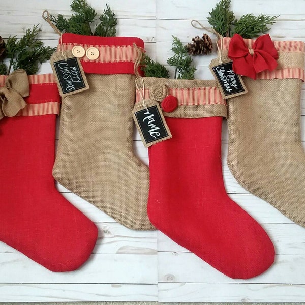 Rustic Burlap Christmas Stocking, Personalized  Stocking, Farmhouse Holiday Decor, Homespun
