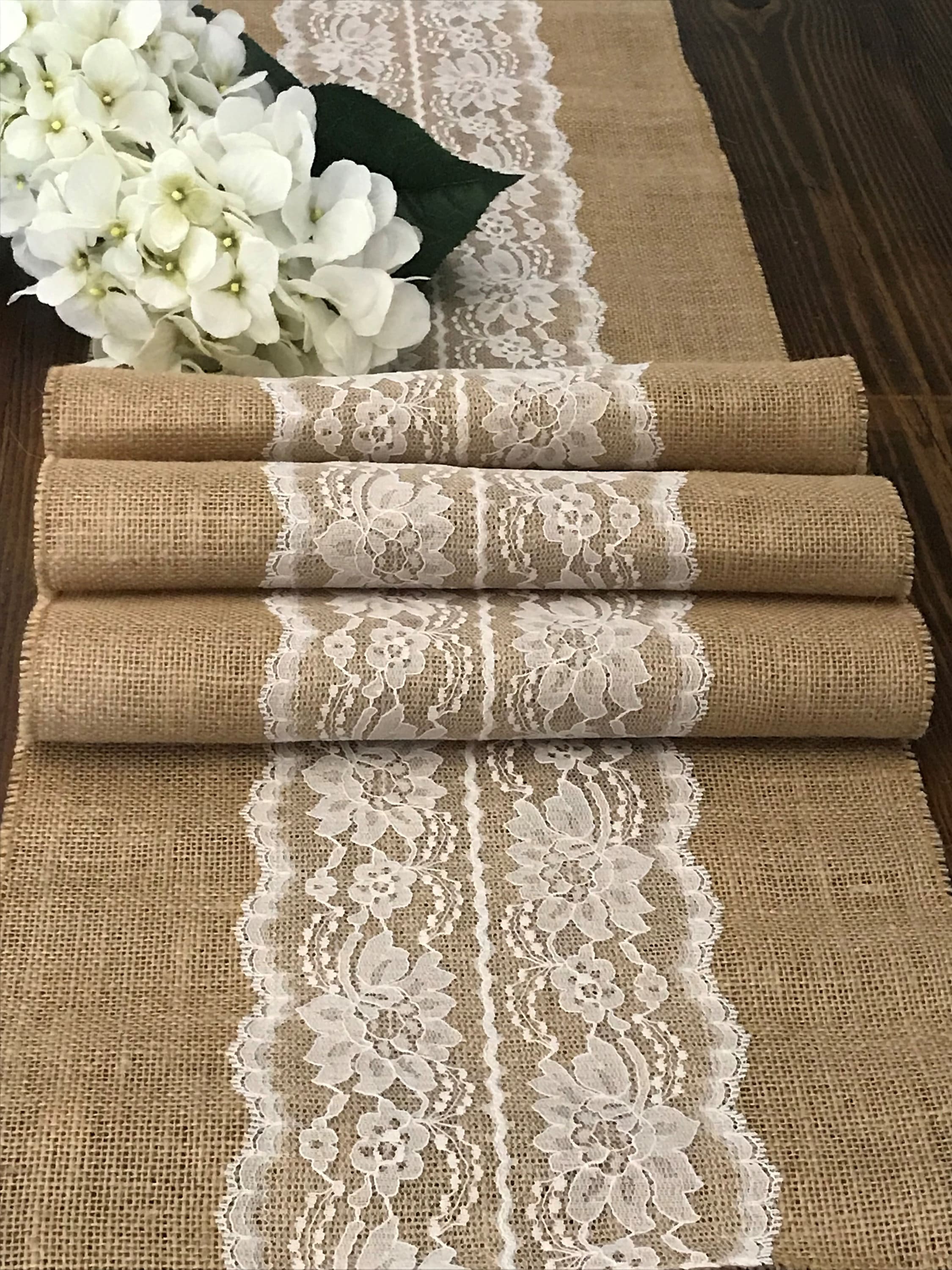 Burlap Table Runner with Ivory or White Lace Center, Farmhouse Rustic Table Decor, Vintage, Country, Garden Wedding Reception, 14" width