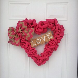 Hot Pink Burlap Heart Wreath with LOVE Banner, Rustic Valentine&#39;s Day Decor, Wedding Decor