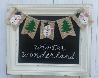 Snowman and Pine Tree Reversible Mini Burlap Banner, Christmas or Winter Wreath Decor, Holiday Photo Prop, Tiny Banner for Small Spaces