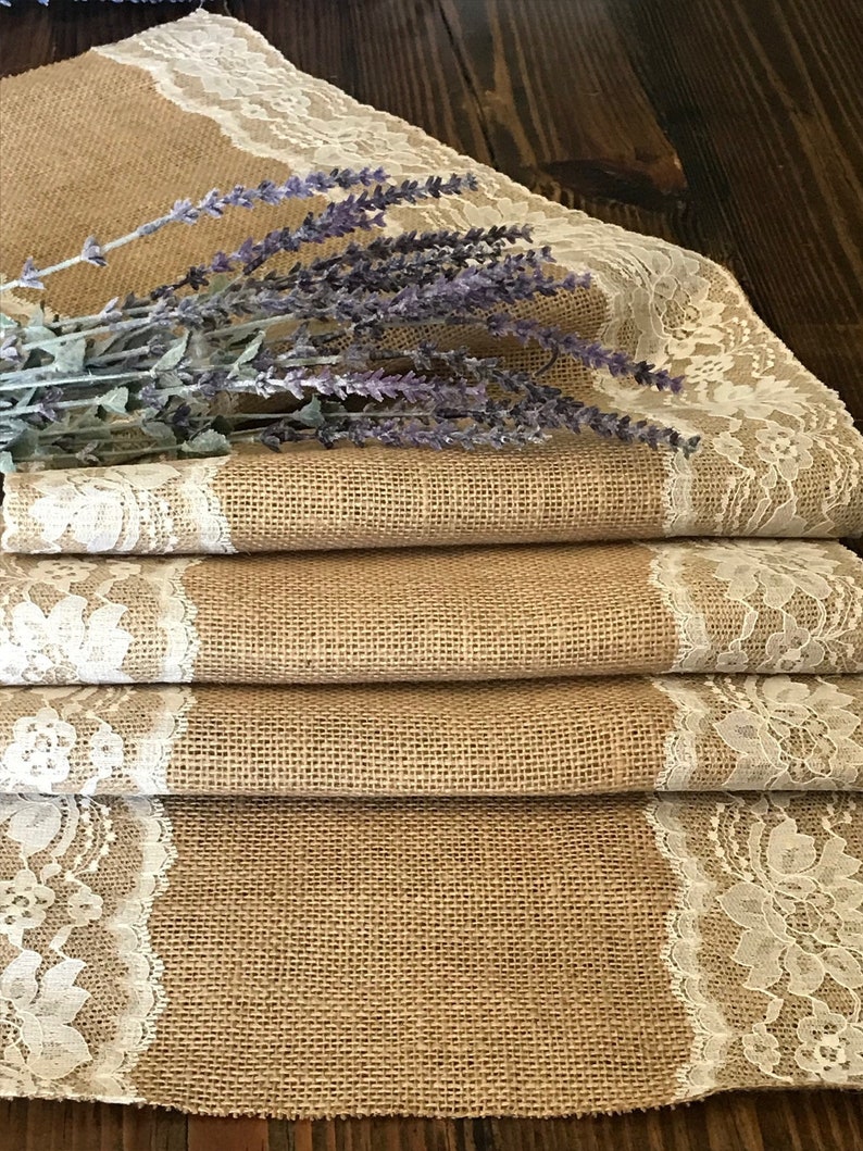 Burlap Table Runner with Ivory Lace, Rustic Wedding Decor, 12" Wide image 1