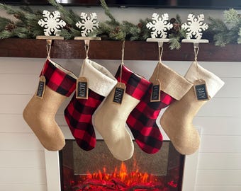 Farmhouse Plaid and Burlap Christmas Stockings, Personalized, Red and Black Buffalo Check