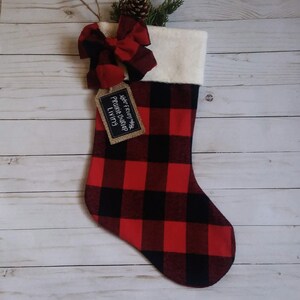 Farmhouse Plaid and Burlap Christmas Stockings, Personalized, Red and Black Buffalo Check image 4