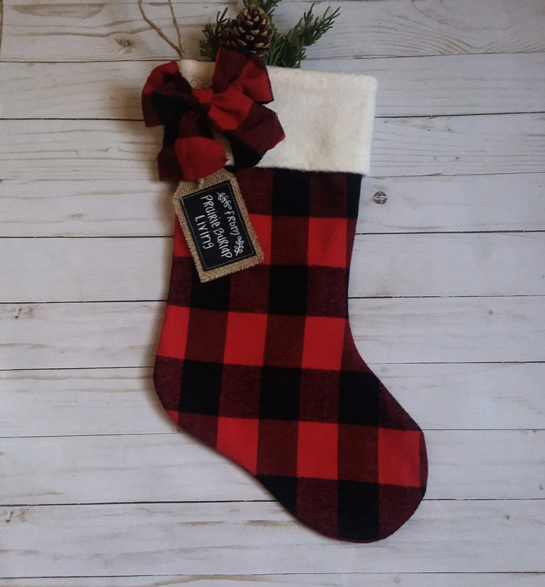 Farmhouse Plaid and Burlap Christmas Stockings, Personalized, Red and Black Buffalo Check Stocking B