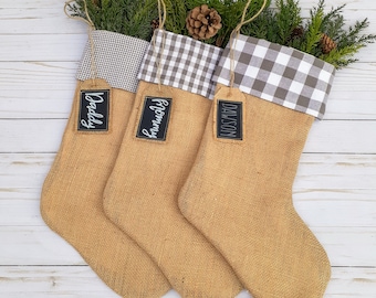 Farmhouse Christmas Stocking with Taupe Check and Burlap, Personalized, Mix and Match Family Set