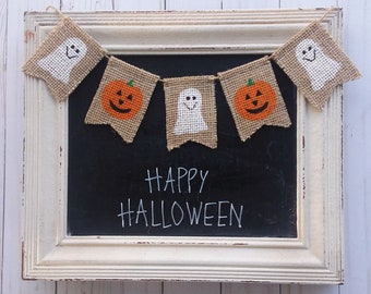 Reversible Halloween Burlap Banner, Ghosts and Jack o Lanterns, Mini Tiered Tray Decor
