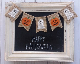 Halloween Burlap Banner, Ghosts and Jack o Lanterns, Reversible Mini Banner, Tiered Tray Fall Decor