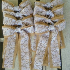 SET OF 6 or 8 Burlap Lace Pew Bows, Burlap and Lace Wedding Chair Bows, Rustic/Shabby Chic/Country/Barn Wedding Decor