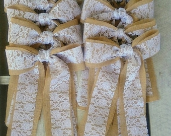 Burlap Lace Wedding Pew Bows, Set of 6, Rustic Decor