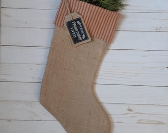 Farmhouse Christmas Stockings, Red Striped Ticking and Burlap, Personalized