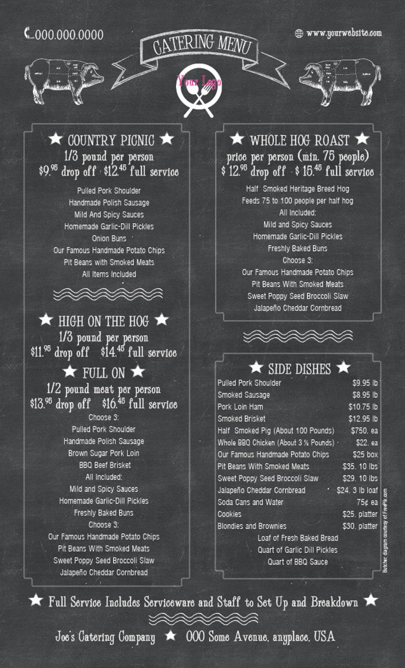 Chalkboard Style Catering or Restaurant Menu Template the Etsy