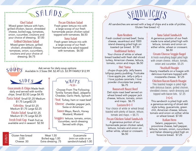 Sandwich Shop Restaurant Bifold Letter Sized Menu Template. Etsy UK
