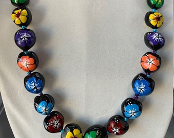 Kukui Nut Lei BLUE GREEN YELLOW Red Orange Hibiscus Flower Lei Necklace Hawaiian Wedding Luau Lei Flower Kukui Nut Multicolor Graduation Lei