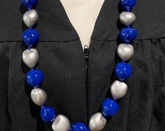 Hawaiian Kukui Nut Lei Class of 2026 Graduation Lei Necklace BLUE SILVER Wedding Lei Football Lei