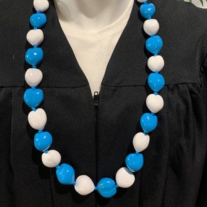 Hawaiian Kukui Nut Lei Class of 2025 Graduation Lei Necklace LIGHT BLUE WHITE Wedding Lei Football Lei