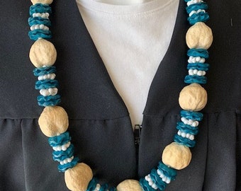 Class of 2024 NATURAL Hawaiian Kukui Nut Lei Coco Flower Lei Mongo Shell Lei Wedding Lei Kukui Nut Necklace BLUE