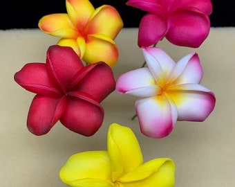 Hawaiian Plumeria FOAM Flower Hair PICK Wedding Pick Graduation Flower Hair Pick Hawaiian Hair Pick  Red Pink White Yellow 2.5 Inch