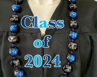 Hawaiian Kukui Nut Lei Class of 2024 Graduation Lei Necklace BLACK BLUE Hibiscus