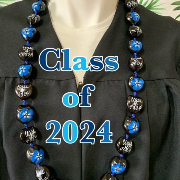 Hawaiian Kukui Nut Lei Class of 2024 Graduation Lei Necklace BLACK BLUE Hibiscus