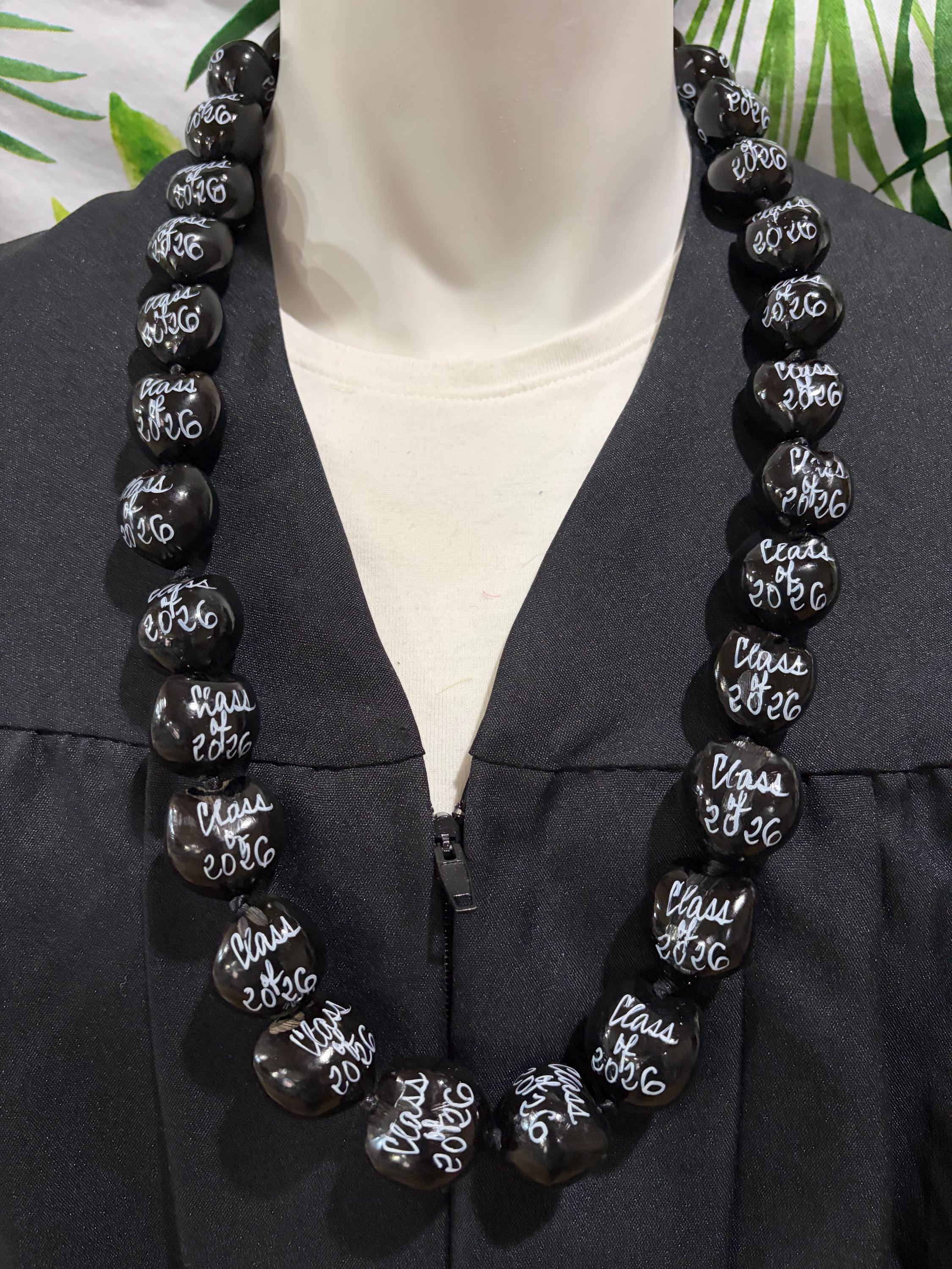 Hawaiian Kukui Nut Lei Class of 2026 Graduation Lei Necklace BLACK