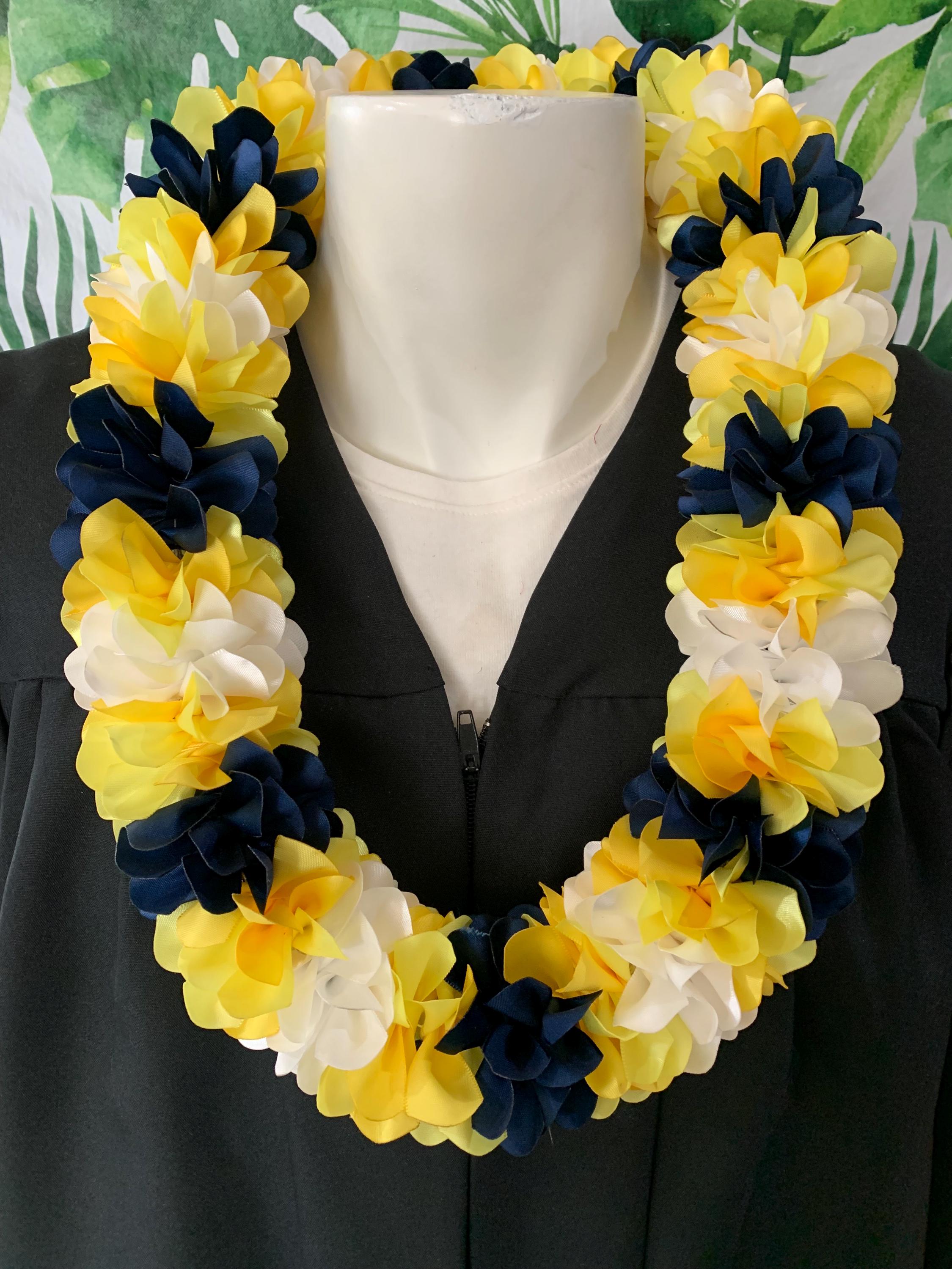 Class of 2026 Ribbon Lei: Hawaiian Plumeria Blue Yellow  display picture 2