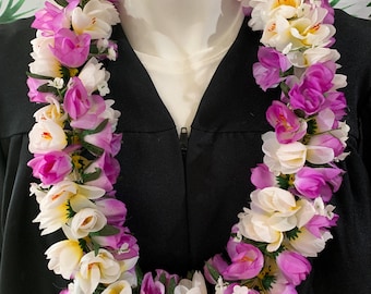 Class of 2026 - Purple & White Rose Lei – Silk Hawaiian Flower Lei