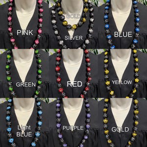 Hawaiian Kukui Nut Lei Class of 2026 Graduation Lei Necklace Blue, Red, Green, Purple, Gold, Silver, Yellow, Orange, Lt Blue, Pink Hibiscus