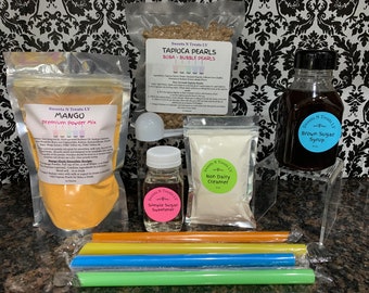 Deluxe MANGO Powder Bubble Tea Boba Tapioca Pearls Brown Sugar Syrup DIY KIT Smoothie Slushy