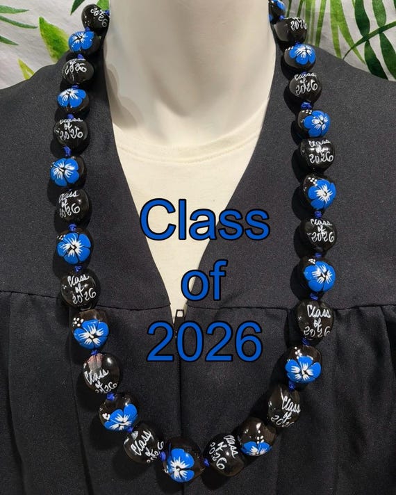 Hawaiian Kukui Nut Lei Class of 2026 Graduation Lei Necklace BLACK