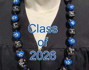 Collar Lei de nuez de kukui hawaiano, graduación de 2026, color hibisco azul y negro