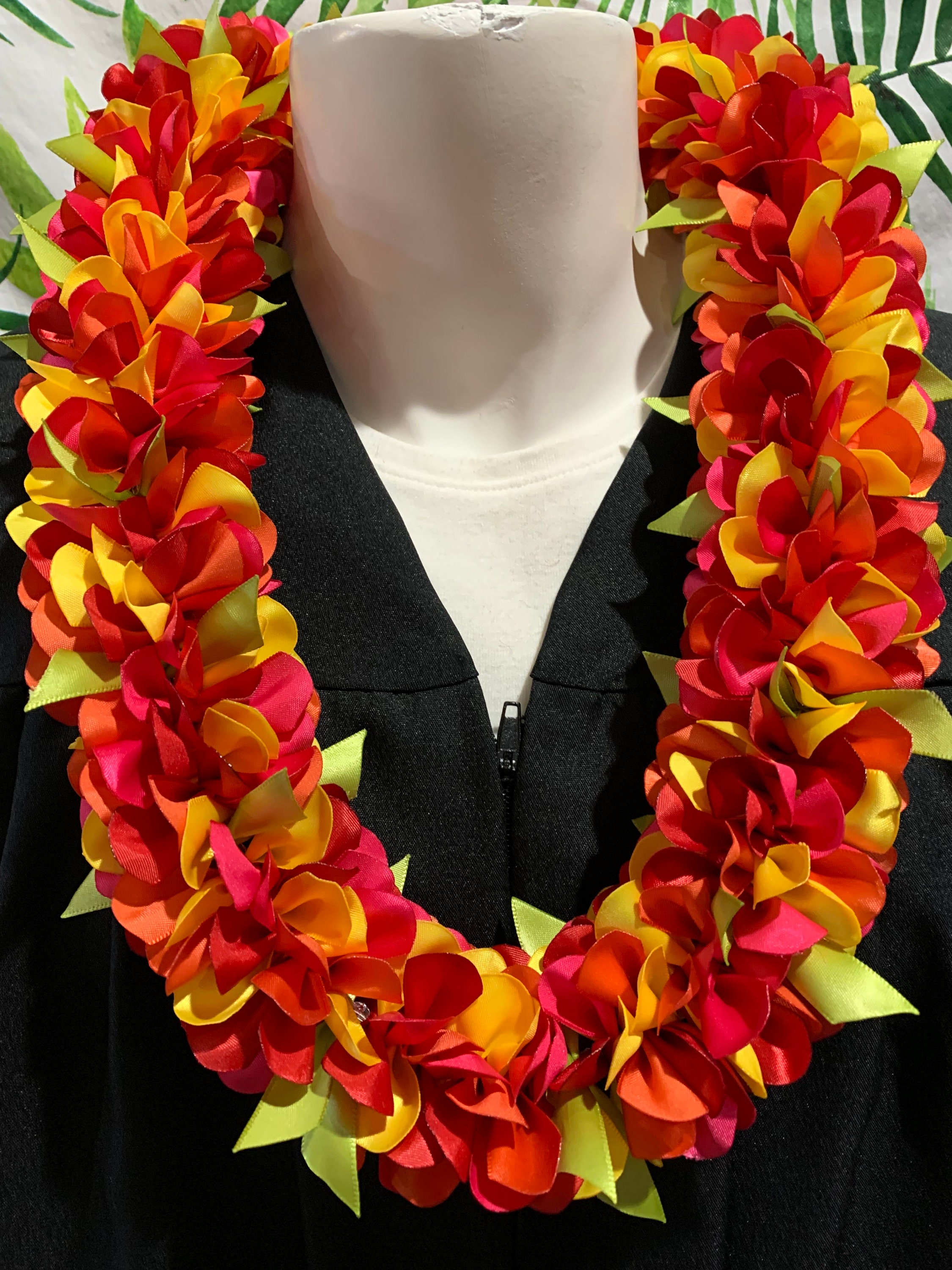 Class of 2026 - Plumeria Ribbon Lei: Red, Orange, Pink Hawaiian