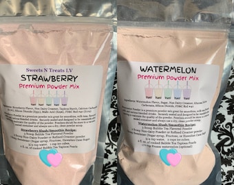 May include: Two bags of powdered drink mix, one strawberry and one watermelon. Both bags have a pink and white heart design and list the ingredients and instructions for making a slush or smoothie.