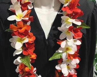 Class of 2026 - Plumeria Flower Lei, Red, Orange, White Silk Hawaiian Lei