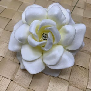 Puede incluir: Una flor de gardenia blanca con p&eacute;talos redondeados en capas y un centro de color amarillo crema suave. La flor presenta una estructura densa de m&uacute;ltiples p&eacute;talos con una textura lisa y mate, que irradia desde un peque&ntilde;o n&uacute;cleo con manchas oscuras.