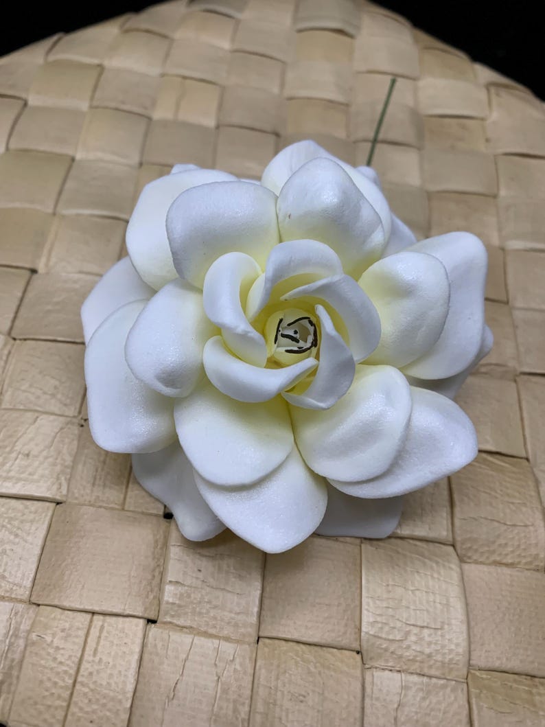 Puede incluir: Una flor de gardenia blanca con p&eacute;talos redondeados en capas y un centro amarillo p&aacute;lido. La flor tiene una textura suave y mate, con un &uacute;nico tallo verde fino que se extiende desde la parte posterior, mostrando un dise&ntilde;o floral realista con curvas.