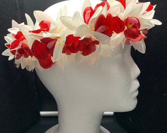 Hawaiian ORCHID Flower HAKU Flower Crown Lei Haku Hawaiian Haku Lei Graduation Wedding Luau Haku Headband WHITE Red
