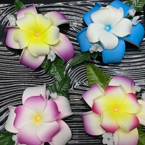 Hawaiian Plumeria FOAM Flower Hair CLIP Fern Leaves Wedding Hair Clip Hawaiian Flower Hair Clip  Purple Pink White Yellow Blue 4&quot; Inch